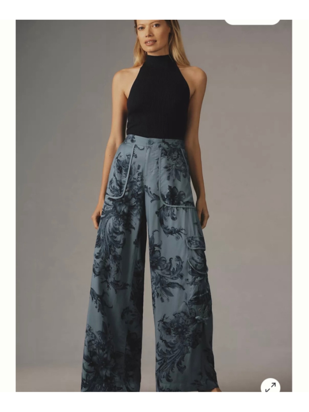 Women's Anthropologie Wide Leg Pants Size 8 Blue Black Floral Print